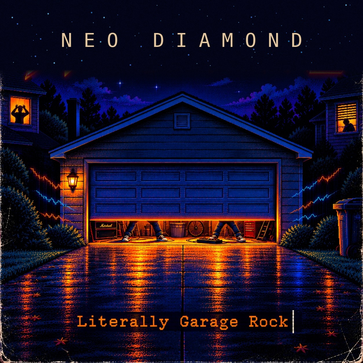 Literally Garage Rock album cover: a suburban garage at night, door two feet open, two musicians' sneakers and knees, bicycle and garage clutter, angry neighbors, and orange light on the driveway